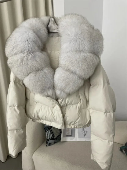 LVSANW OFTBUY 2025 Big Natural Real Fox Fur Coat Women Autumn Winter Female 90% White Duck Down Jacket Feather Short  Coat Thick Warm