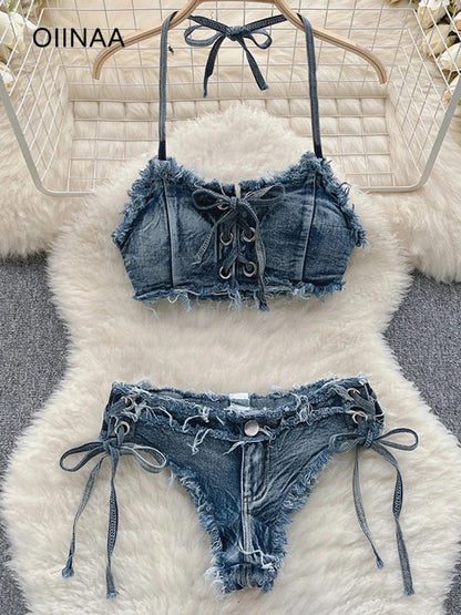 LVSANW OIINAA Bathing Suit Women Sexy Denim Suits Bikini Set Lace Up Drawstring Beachwear 2024 Solid Summer Vintage Two-pieces Swimwear