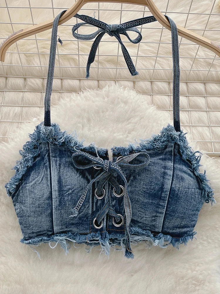 LVSANW OIINAA Bathing Suit Women Sexy Denim Suits Bikini Set Lace Up Drawstring Beachwear 2024 Solid Summer Vintage Two-pieces Swimwear