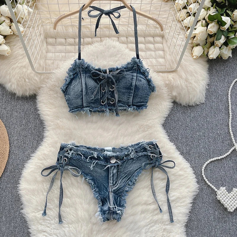 LVSANW OIINAA Bathing Suit Women Sexy Denim Suits Bikini Set Lace Up Drawstring Beachwear 2024 Solid Summer Vintage Two-pieces Swimwear