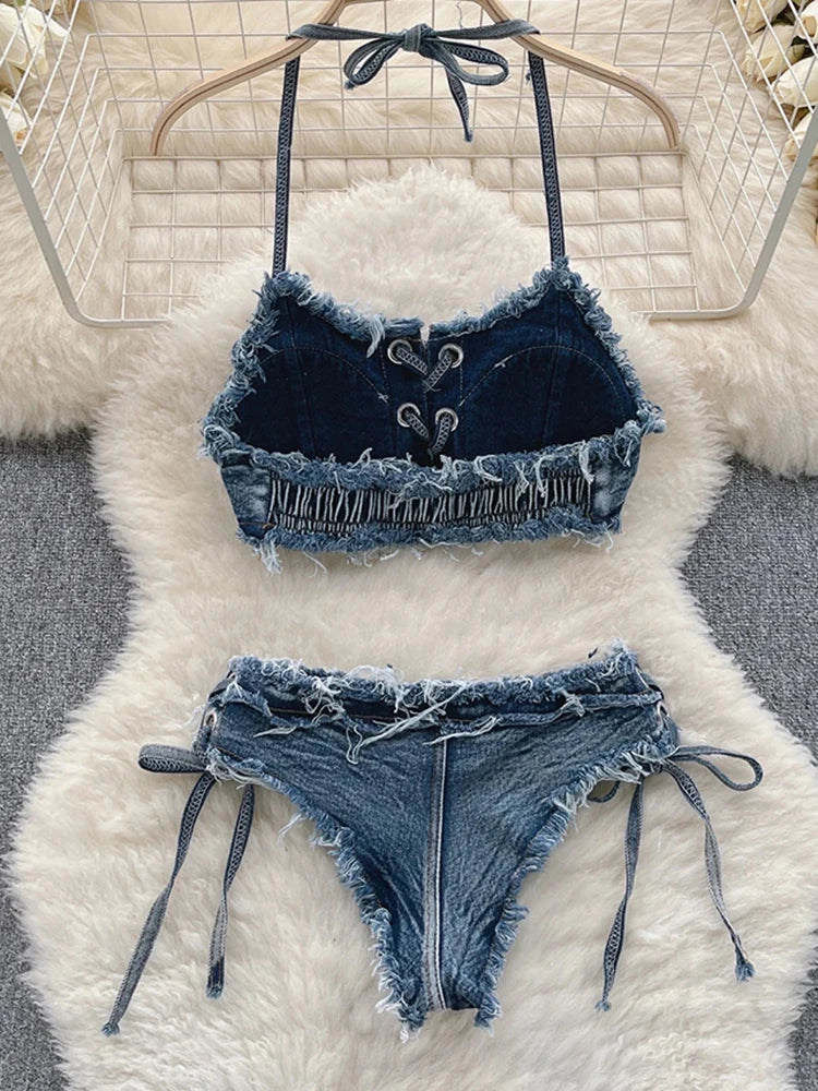 LVSANW OIINAA Bathing Suit Women Sexy Denim Suits Bikini Set Lace Up Drawstring Beachwear 2024 Solid Summer Vintage Two-pieces Swimwear