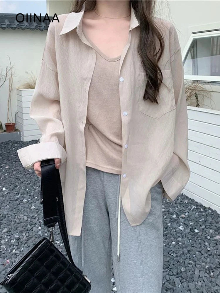 LVSANW OIINAA Blouse Women Shirt Korean Fashion Thin Tops Coat Turn-Down Collar Single-Breasted Shirts Summer 2024 New Casual Blouse