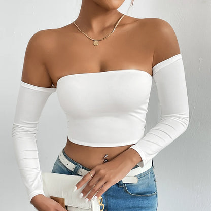 LVSANW Off Shoulder Crop T-Shirt, Casual Long Sleeve Top For Spring & Fall, Women's Clothing