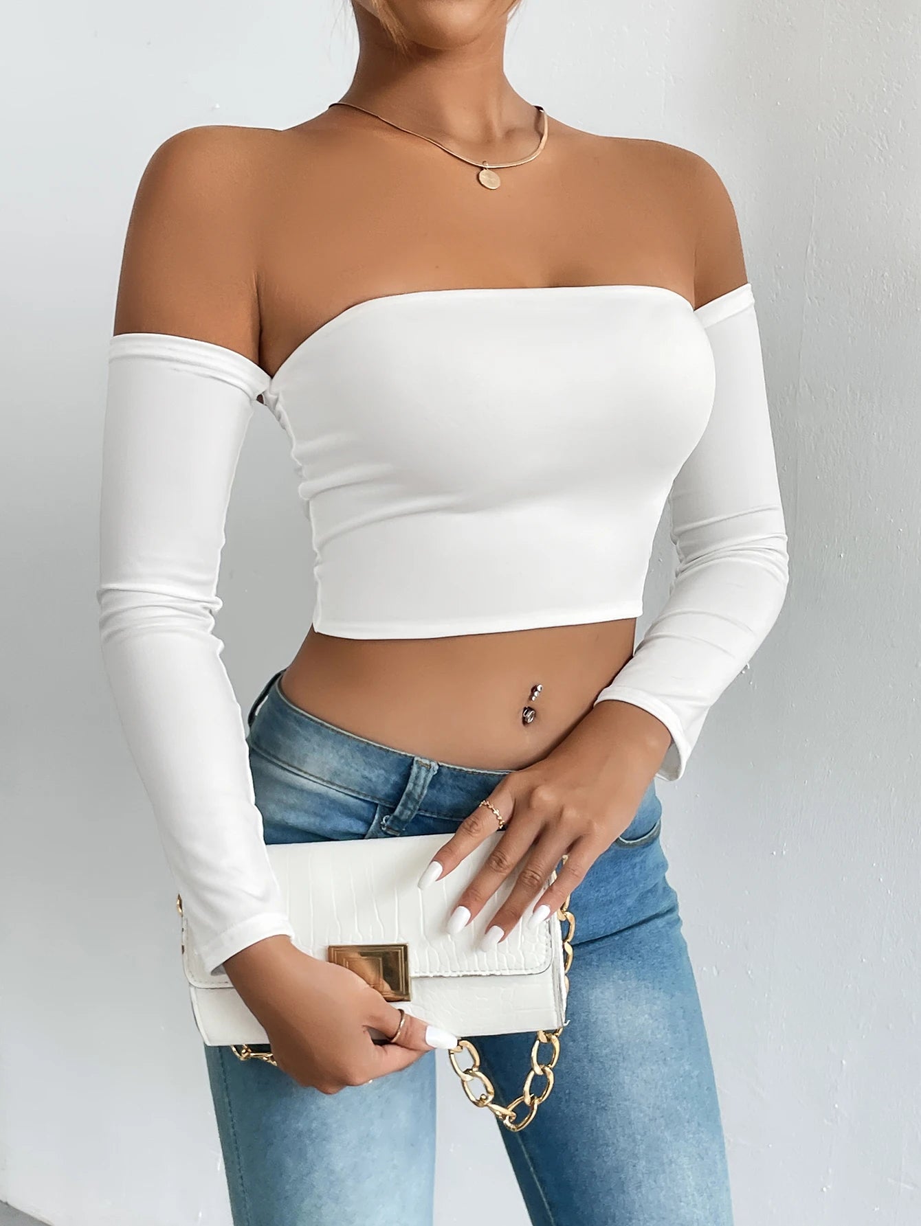 LVSANW Off Shoulder Crop T-Shirt, Casual Long Sleeve Top For Spring & Fall, Women's Clothing