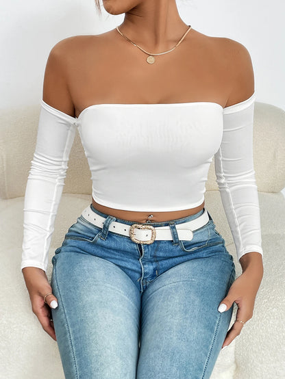 LVSANW Off Shoulder Crop T-Shirt, Casual Long Sleeve Top For Spring & Fall, Women's Clothing