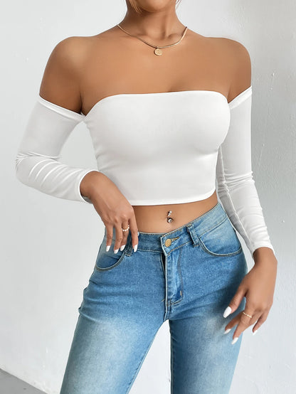 LVSANW Off Shoulder Crop T-Shirt, Casual Long Sleeve Top For Spring & Fall, Women's Clothing