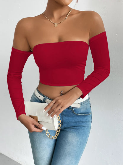 LVSANW Off Shoulder Crop T-Shirt, Casual Long Sleeve Top For Spring & Fall, Women's Clothing