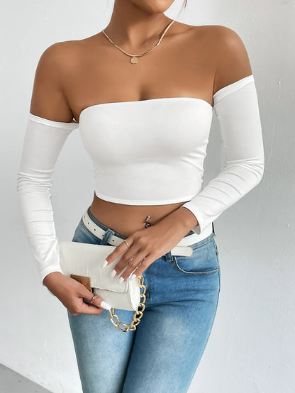 LVSANW Off Shoulder Crop T-Shirt, Casual Long Sleeve Top For Spring & Fall, Women's Clothing