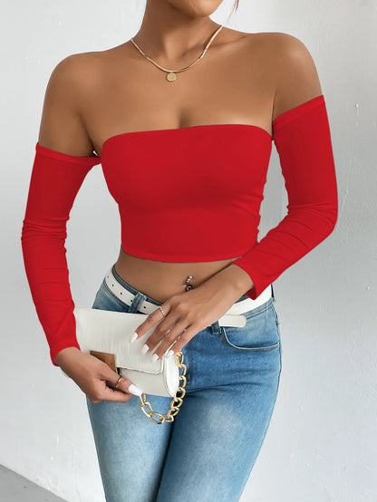 LVSANW Off Shoulder Crop T-Shirt, Casual Long Sleeve Top For Spring & Fall, Women's Clothing