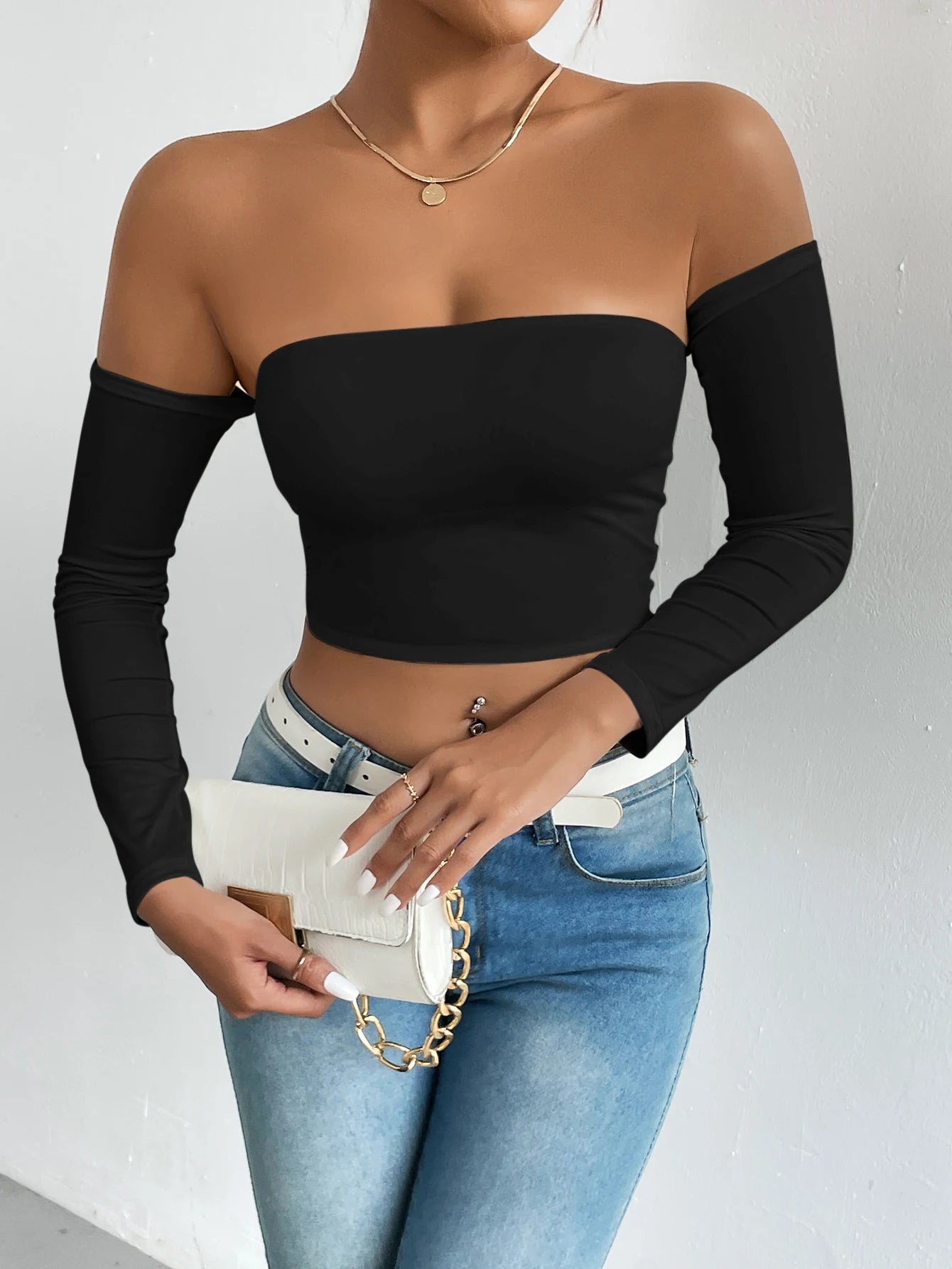 LVSANW Off Shoulder Crop T-Shirt, Casual Long Sleeve Top For Spring & Fall, Women's Clothing