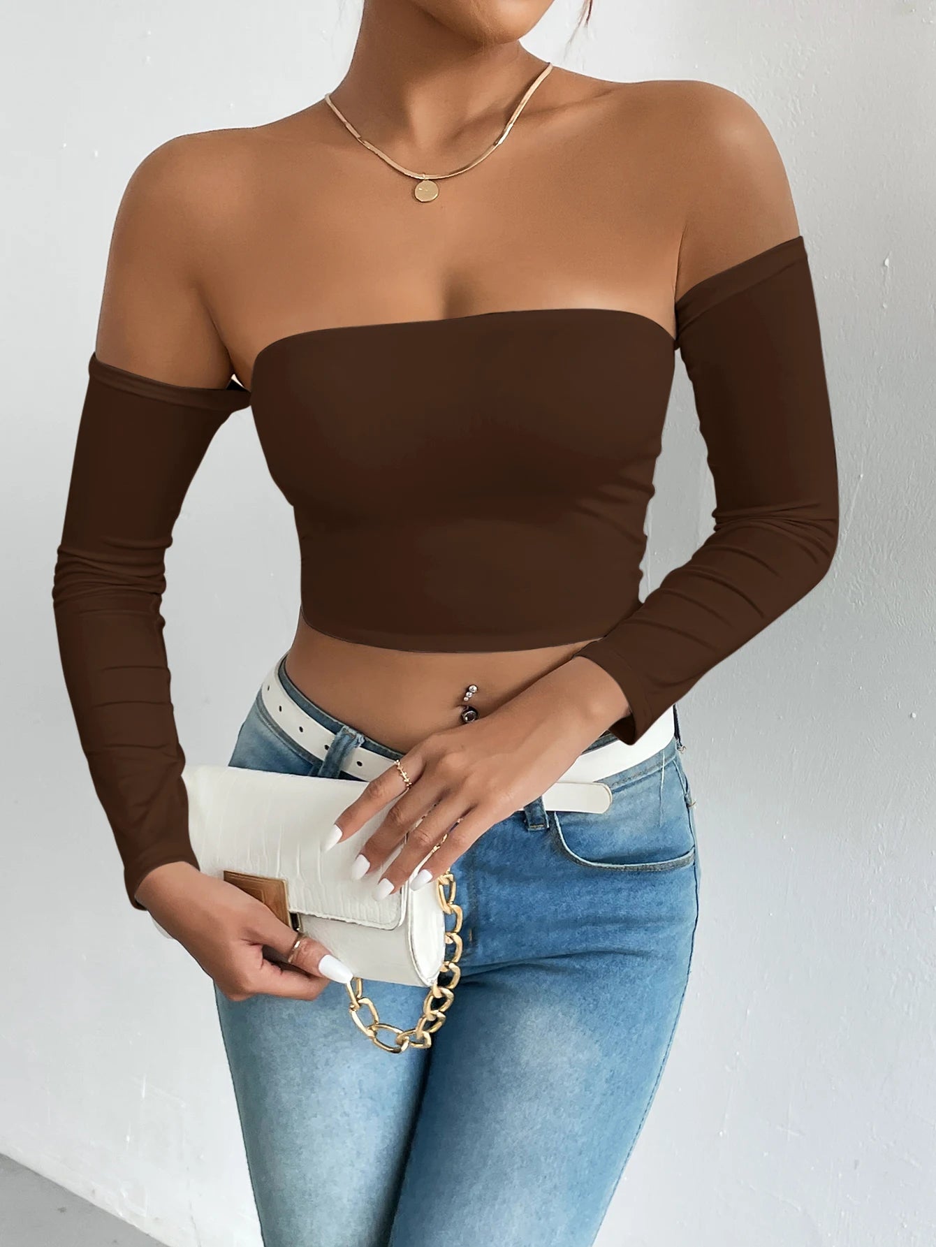 LVSANW Off Shoulder Crop T-Shirt, Casual Long Sleeve Top For Spring & Fall, Women's Clothing