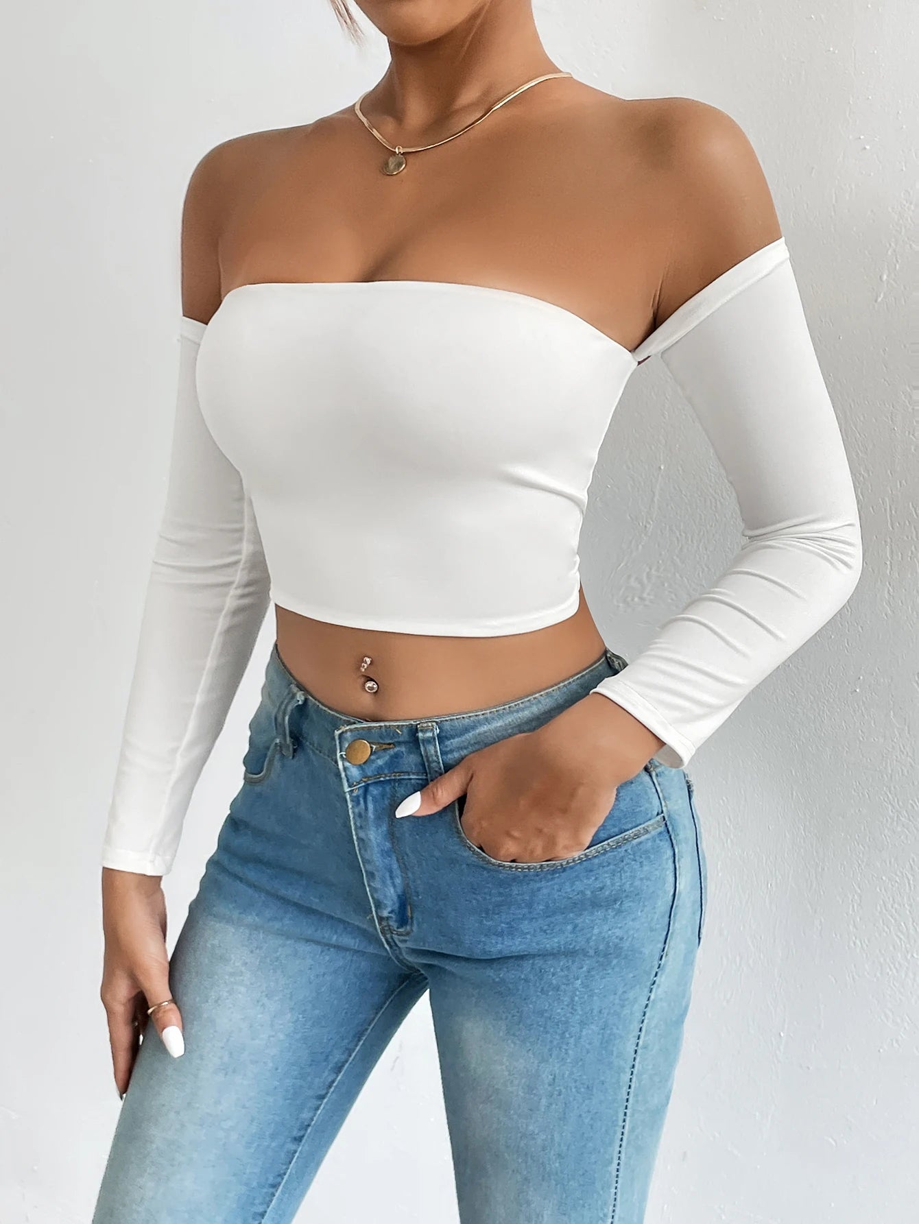 LVSANW Off Shoulder Crop T-Shirt, Casual Long Sleeve Top For Spring & Fall, Women's Clothing