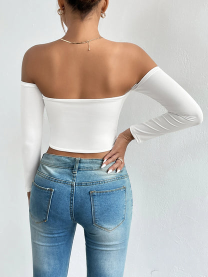 LVSANW Off Shoulder Crop T-Shirt, Casual Long Sleeve Top For Spring & Fall, Women's Clothing