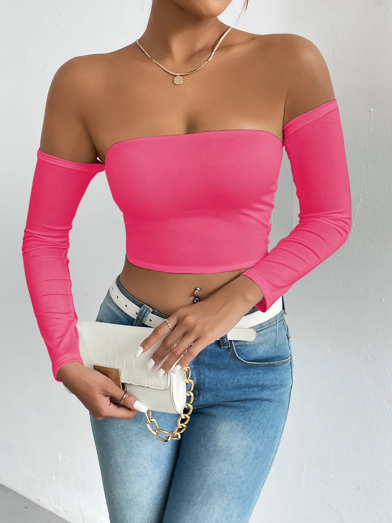 LVSANW Off Shoulder Crop T-Shirt, Casual Long Sleeve Top For Spring & Fall, Women's Clothing