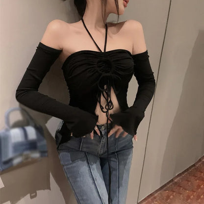 LVSANW Off Shoulder Crop Top For Women Halterneck  Slim Fit Sexy Base Shirt Spring Summer