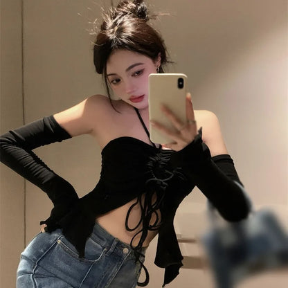 LVSANW Off Shoulder Crop Top For Women Halterneck  Slim Fit Sexy Base Shirt Spring Summer