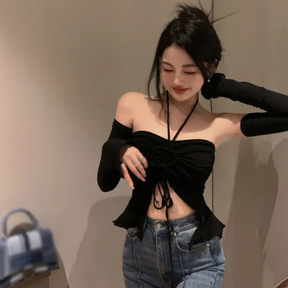 LVSANW Off Shoulder Crop Top For Women Halterneck  Slim Fit Sexy Base Shirt Spring Summer