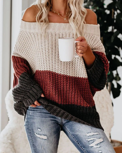 LVSANW Off Shoulder Knit Sweaters Color Block Women Fashion Casual Pullovers  Female Long Sleeve Tops Ladies Clothes  Autumn Winter