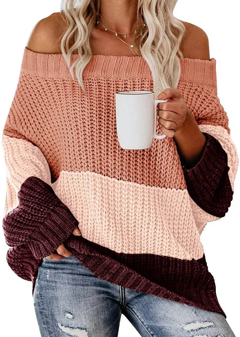 LVSANW Off Shoulder Knit Sweaters Color Block Women Fashion Casual Pullovers  Female Long Sleeve Tops Ladies Clothes  Autumn Winter