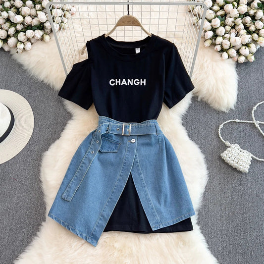 LVSANW Off The Shoulder TShirt Denim Skirt Set Women Round Neck Letter Print Long Tee High Waist Jean Skirt 2Piece Set Female