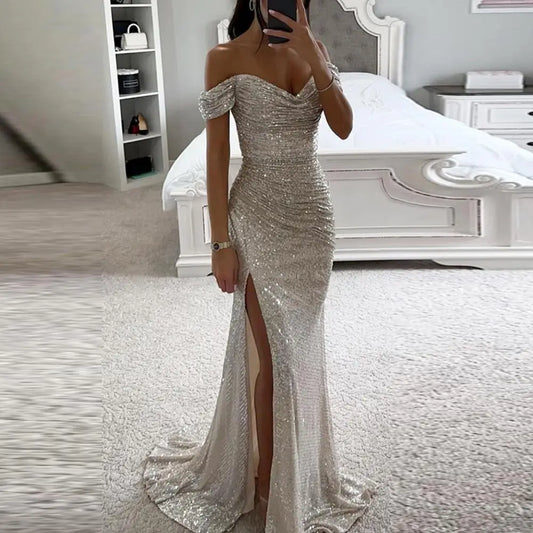 LVSANW Off-shoulder Gown Dress Elegant Sequined V-neck Off Shoulder Maxi Dress for Evening Party Prom Women's Vintage Slim for Women