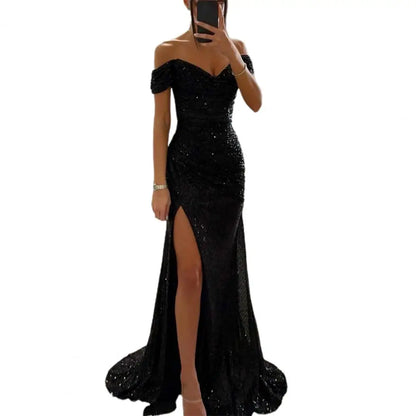 LVSANW Off-shoulder Gown Dress Elegant Sequined V-neck Off Shoulder Maxi Dress for Evening Party Prom Women's Vintage Slim for Women