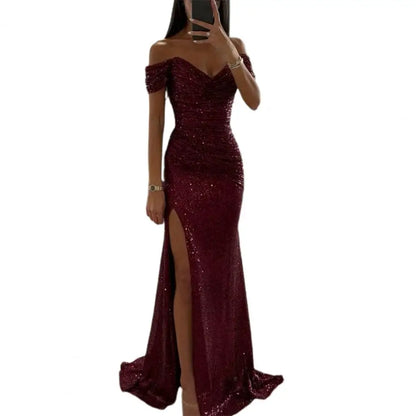 LVSANW Off-shoulder Gown Dress Elegant Sequined V-neck Off Shoulder Maxi Dress for Evening Party Prom Women's Vintage Slim for Women