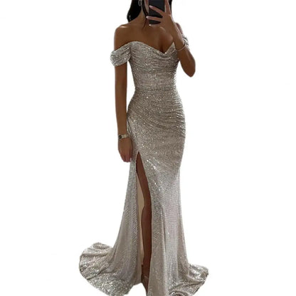 LVSANW Off-shoulder Gown Dress Elegant Sequined V-neck Off Shoulder Maxi Dress for Evening Party Prom Women's Vintage Slim for Women