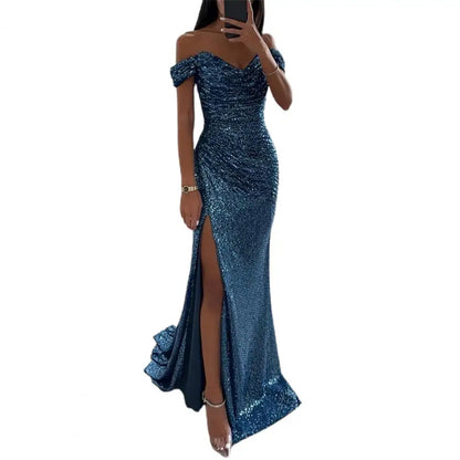 LVSANW Off-shoulder Gown Dress Elegant Sequined V-neck Off Shoulder Maxi Dress for Evening Party Prom Women's Vintage Slim for Women