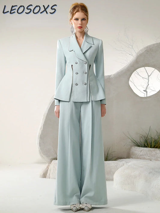 LVSANW Office Lady Commuter Suit Autumn and Winter Drill Chain Irregular Blazer Jacket Wide Leg Trousers Set Women's Pants 2 Piece Set