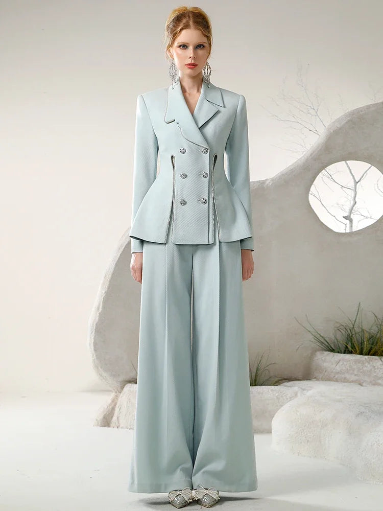 LVSANW Office Lady Commuter Suit Autumn and Winter Drill Chain Irregular Blazer Jacket Wide Leg Trousers Set Women's Pants 2 Piece Set