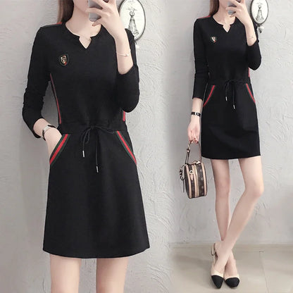 LVSANW Office Lady Elegant Fashion Dresses 2025 Autumn New Chic Pockets V-neck Pullover Dress Women Striped Drawstring Vestidos