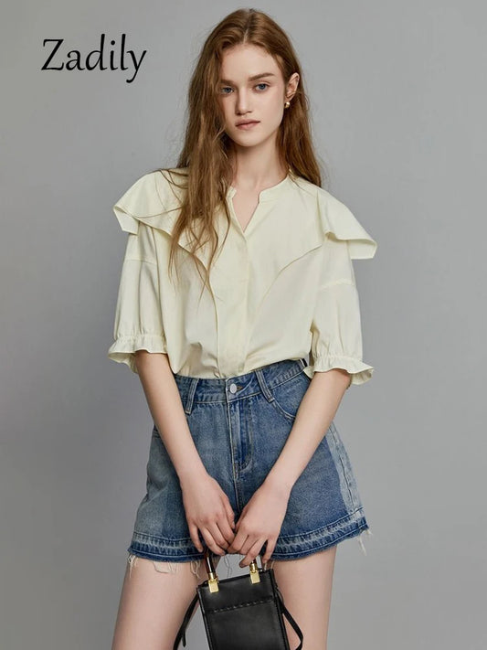 LVSANW Office Lady Short Sleeve Ruffles Women Cotton Shirt 2024 Summer Button Up Loose Work Shirts Solid Color Blouse Female Clothing