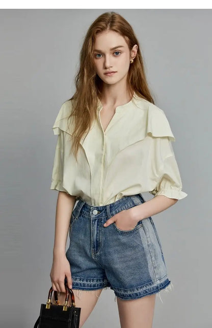 LVSANW Office Lady Short Sleeve Ruffles Women Cotton Shirt 2024 Summer Button Up Loose Work Shirts Solid Color Blouse Female Clothing