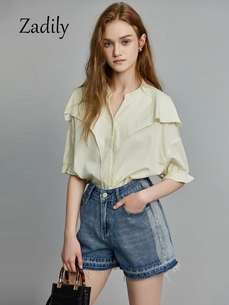 LVSANW Office Lady Short Sleeve Ruffles Women Cotton Shirt 2024 Summer Button Up Loose Work Shirts Solid Color Blouse Female Clothing