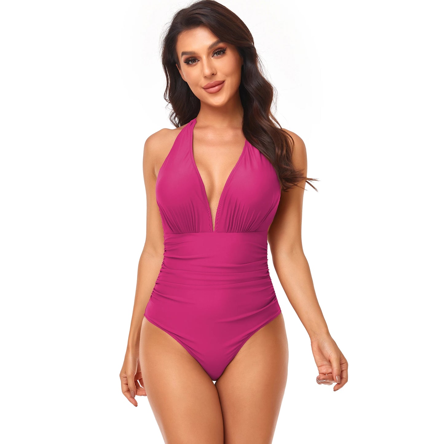 LVSANW One-piece Solid Color Swimsuit Women  Pleated Halter  Swimwear Female