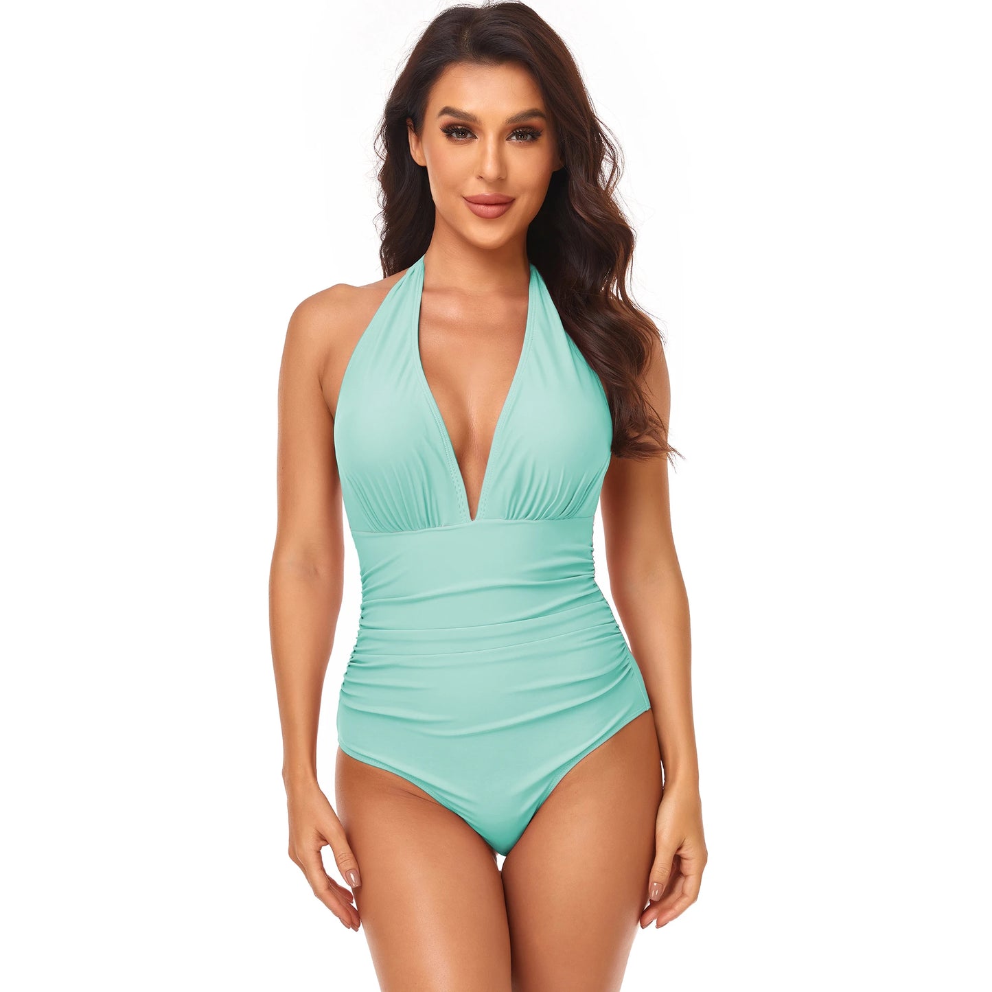 LVSANW One-piece Solid Color Swimsuit Women  Pleated Halter  Swimwear Female