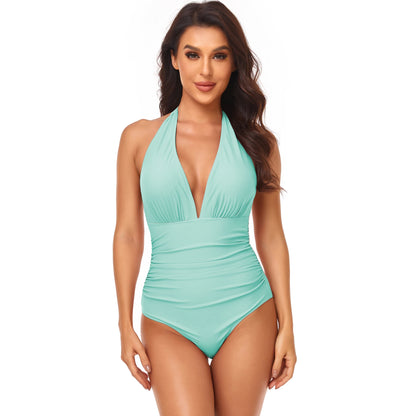 LVSANW One-piece Solid Color Swimsuit Women  Pleated Halter  Swimwear Female