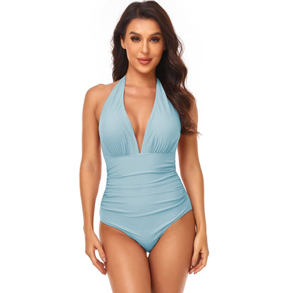 LVSANW One-piece Solid Color Swimsuit Women  Pleated Halter  Swimwear Female