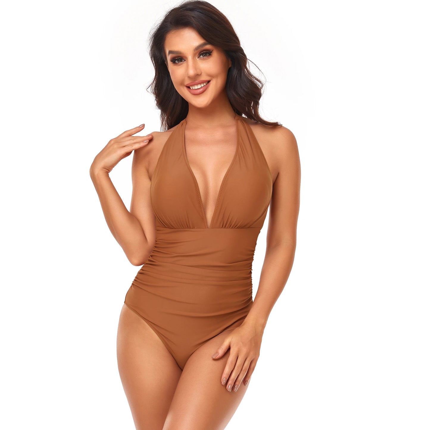 LVSANW One-piece Solid Color Swimsuit Women  Pleated Halter  Swimwear Female