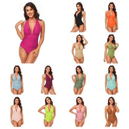 LVSANW One-piece Solid Color Swimsuit Women  Pleated Halter  Swimwear Female