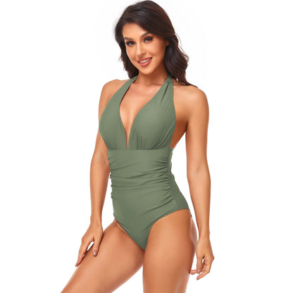 LVSANW One-piece Solid Color Swimsuit Women  Pleated Halter  Swimwear Female