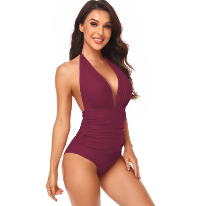 LVSANW One-piece Solid Color Swimsuit Women  Pleated Halter  Swimwear Female