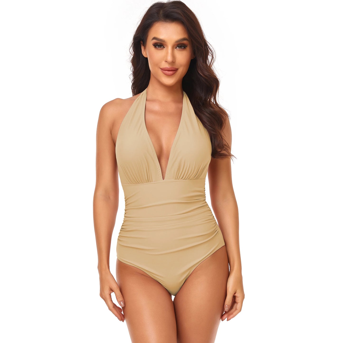 LVSANW One-piece Solid Color Swimsuit Women  Pleated Halter  Swimwear Female