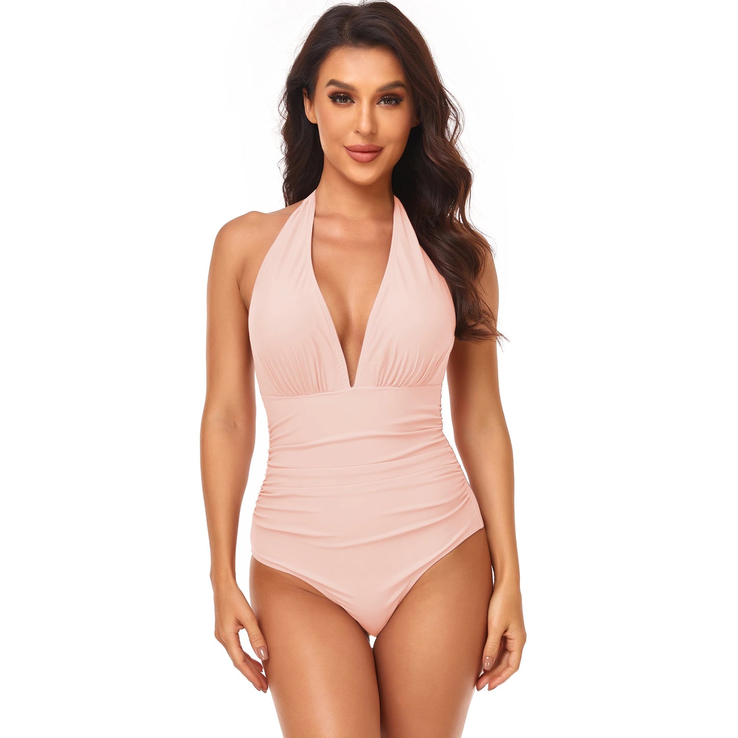 LVSANW One-piece Solid Color Swimsuit Women  Pleated Halter  Swimwear Female