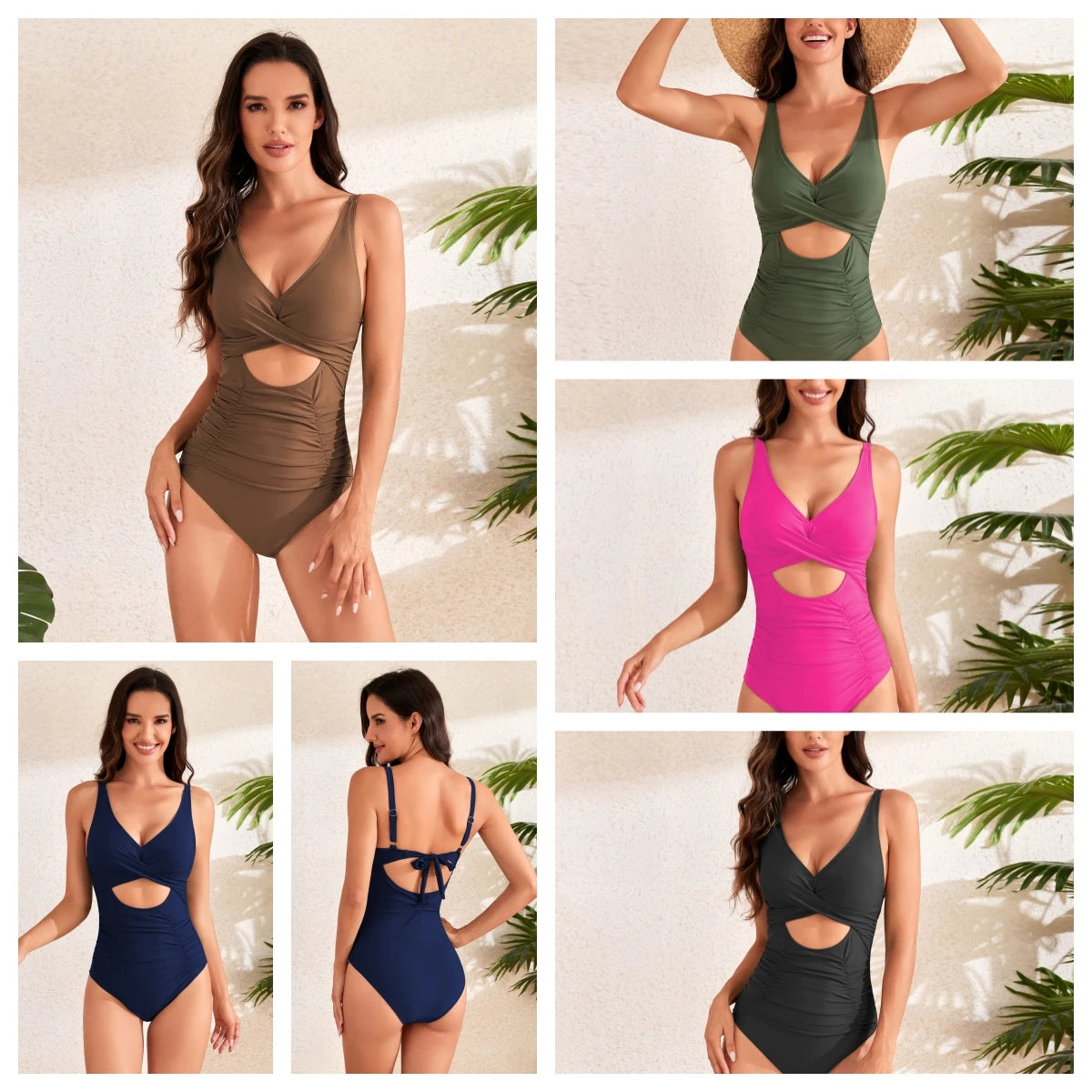 LVSANW One -piece Swimsuit Women Solid Color Pleated Swimwear High Waist Sexy Bikini Set Female