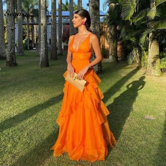 LVSANW Orange Formal Occasion Dresses A-line Elegant Ball Gowns V Neck Ruffled Evening Party Gowns فساتين الحفلات Prom Customized