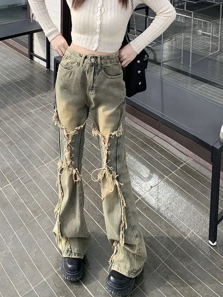 LVSANW Oversize American Retro Straight Casual Pants Y2k Grunge High Waist Loose Wide Leg  2024 New Bell Bottom Jeans Women