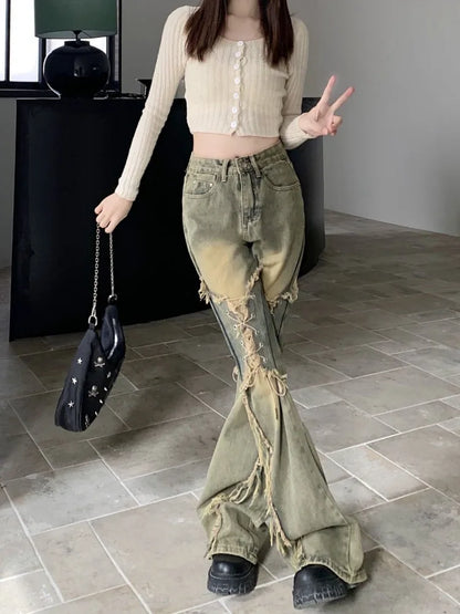 LVSANW Oversize American Retro Straight Casual Pants Y2k Grunge High Waist Loose Wide Leg  2024 New Bell Bottom Jeans Women