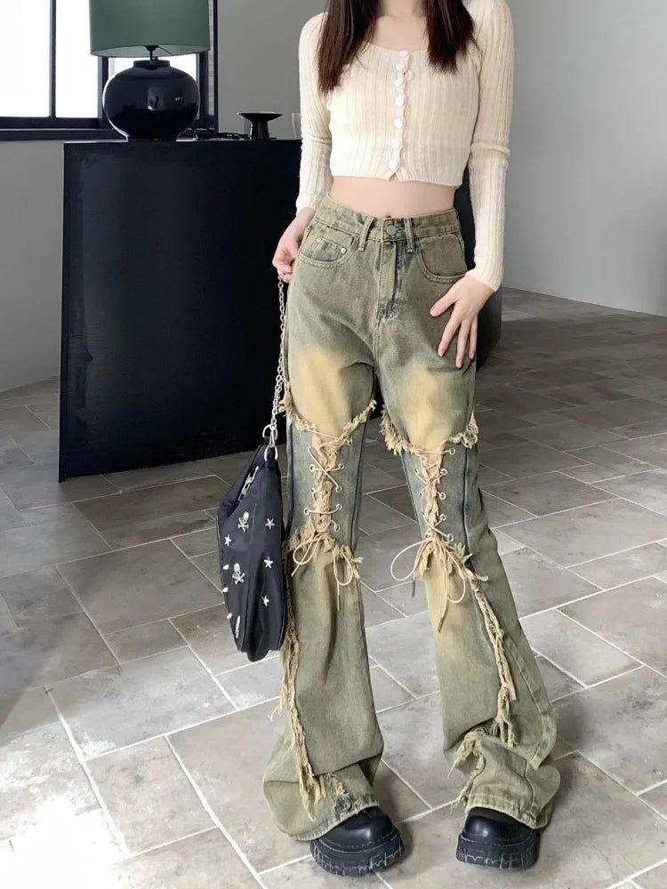 LVSANW Oversize American Retro Straight Casual Pants Y2k Grunge High Waist Loose Wide Leg  2024 New Bell Bottom Jeans Women